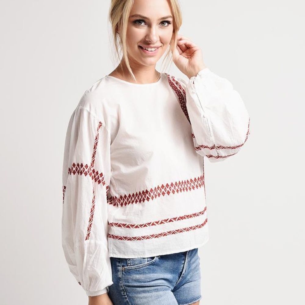 JOIE Isandro White & Red Embroidered Blouse